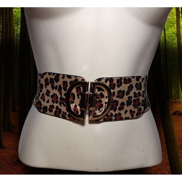 Stretch Animal Print Cinch Belt Gold Buckle Big Cat Cheetah Leopard Spots 26" - Picture 1 of 10
